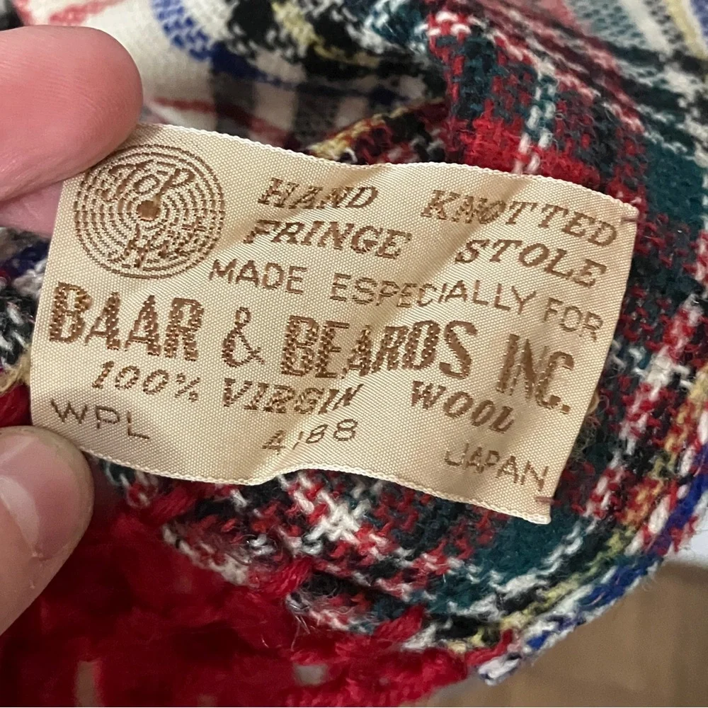 Vintage Baar & Beards 100% Wool Plaid Fringe Stole Scarf Hand Knotted in Japan